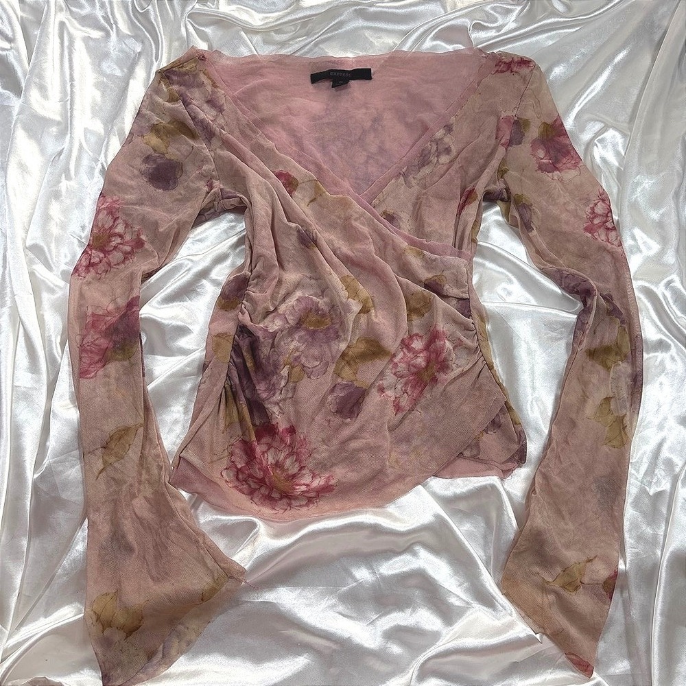 y2k Express Mesh Top Mauve Pink Excellent Floral Wrap Ruched Bell Sleeve M